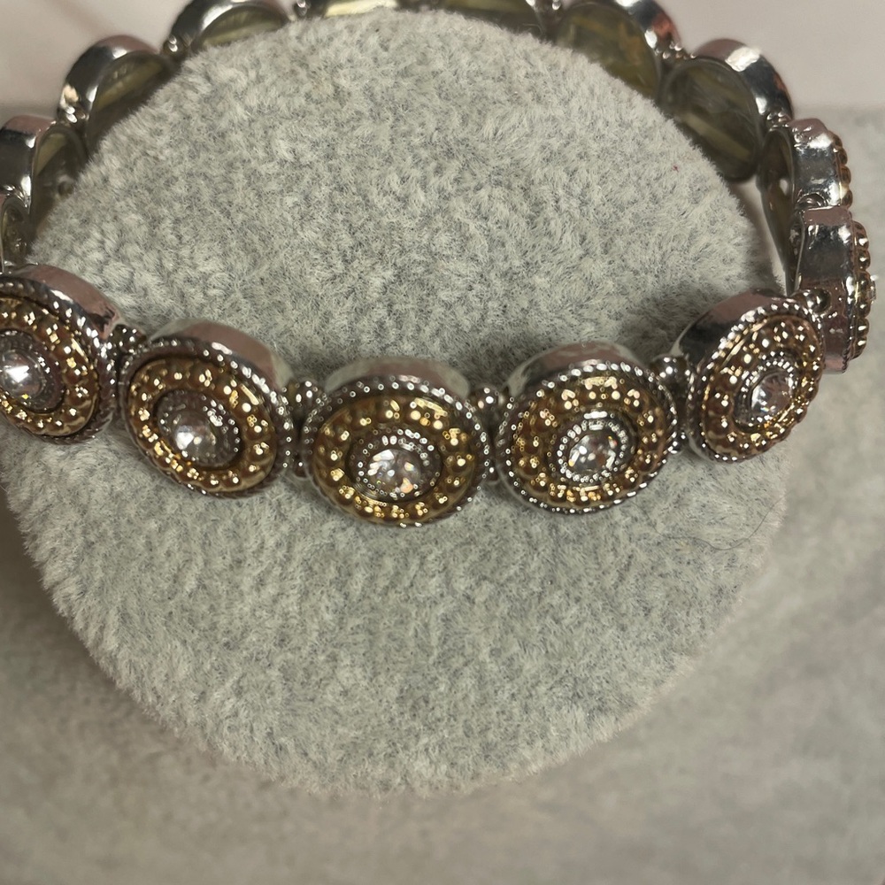 Gold and Silver stretch bracelet in circular medallion design with crystals